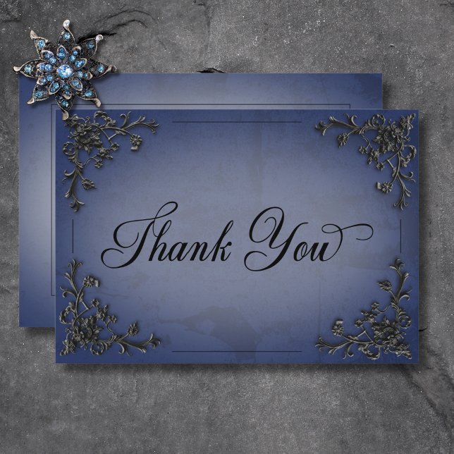 Gothic Black & Blue Filigree Heart Bröllop Tack Kort (Gothic Black & Blue Filigree Heart Wedding Thank You Card)
