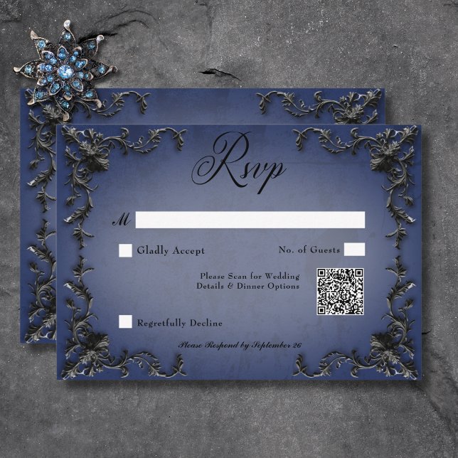 Gothic Black & Blue Filigree Heart QR-kod OSA Kort (Gothic Black & Blue Filigree Heart QR Code RSVP Card)