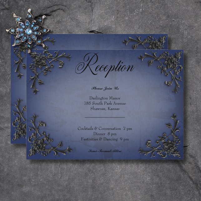 Gothic Black & Blue Filigree Heart Reception Tilläggskort (Gothic Black & Blue Filigree Heart Reception Enclosure Card)