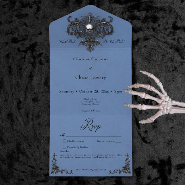 Gothic Black & Blue Halloween Filigree Inget Kväll (Gothic Black & Blue Halloween Filigree No Dinner All In One Invitation)