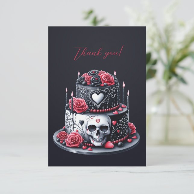 Gothic Black Bröllop Cake Skull Flowers Tack Kort (Stående Fram)