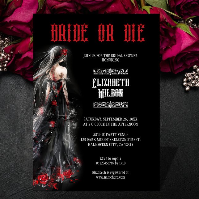 Gothic Black Bröllop Dress Bride eller Die Möhippa Inbjudningar (black gothic watercolor wedding dress)