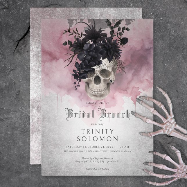 Gothic Black & Burgundy Blommigt Skull Möhippa Bru Inbjudningar (Gothic Black & Burgundy Floral Skull Bridal Brunch Invitation)