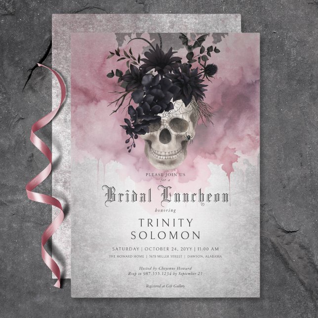 Gothic Black & Burgundy Blommigt Skull Möhippa Lun Inbjudningar (Gothic Black & Burgundy Floral Skull Bridal Lunch Invitation)