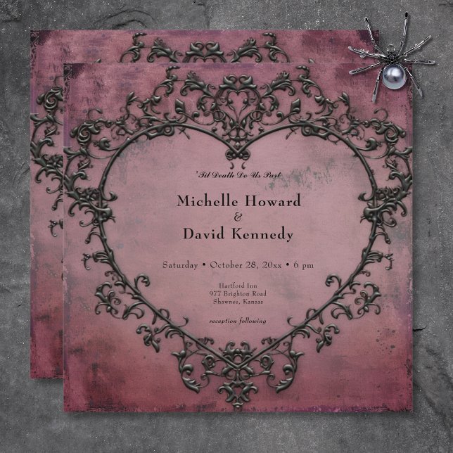 Gothic Black & Burgundy Filigree Heart Bröllop Inbjudningar (Gothic Black & Burgundy Filigree Heart Wedding Invitation)