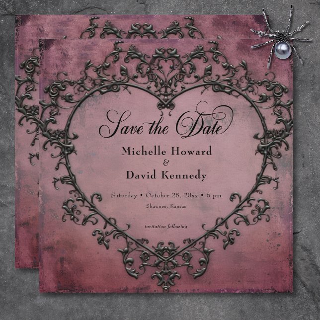 Gothic Black & Burgundy Filigree Heart Bröllop Spara Datumet (Gothic Black & Burgundy Filigree Heart Wedding Save The Date)
