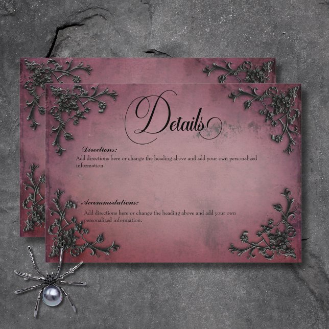 Gothic Black & Burgundy Filigree Heart-information Tilläggskort (Gothic Black & Burgundy Filigree Heart Details Enclosure Card)