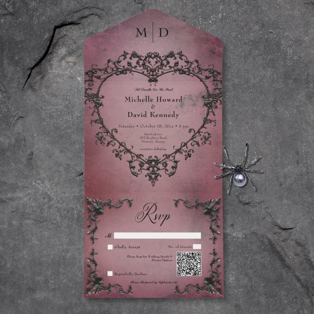 Gothic Black & Burgundy Filigree Heart QR-kod (Gothic Black & Burgundy Filigree Heart QR Code All In One Invitation)