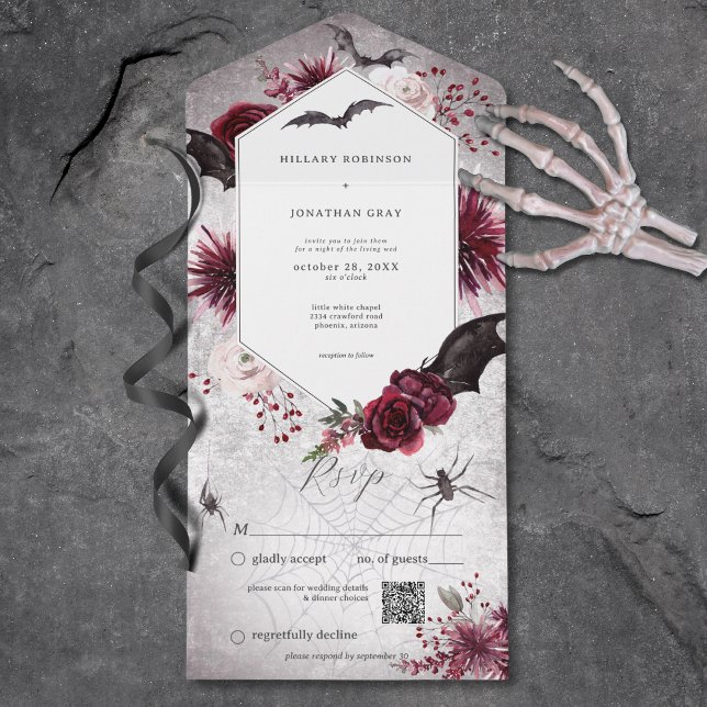 Gothic Black & Burgundy Halloween Hexagon QR-kod (Gothic Black & Burgundy Halloween Hexagon QR Code All In One Invitation)