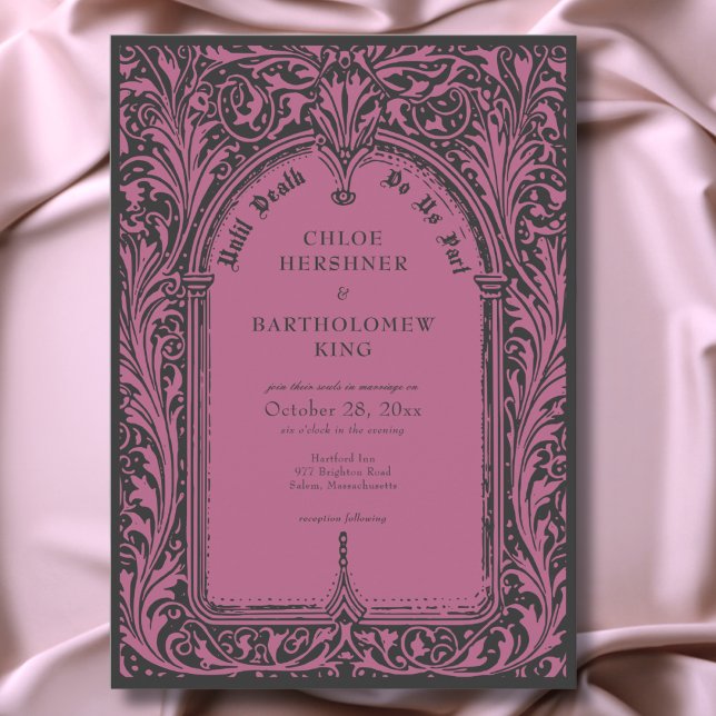 Gothic Black Burgundy Medieval till Bröllop Inbjudningar (Gothic Black Burgundy Medieval Until Death Wedding Invitation)