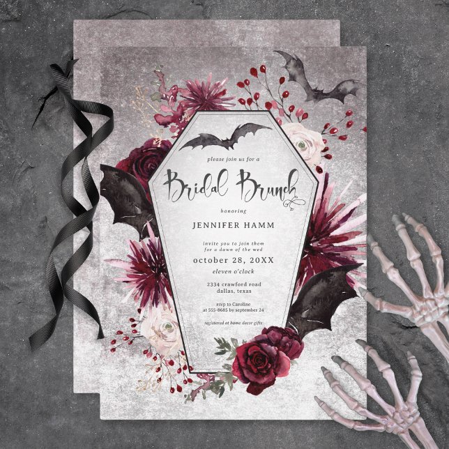 Gothic Black & Burgundy Möhippa Brunch Inbjudningar (Gothic Black & Burgundy Spooky Bridal Brunch Invitation)