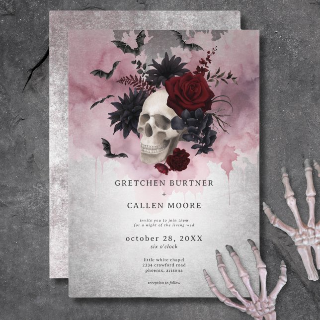 Gothic Black & Burgundy Skull & Fladdermus Bröllop Inbjudningar (Gothic Black & Burgundy Skull & Bats Wedding Invitation)