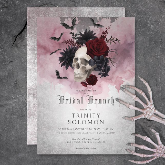 Gothic Black & Burgundy Skull & Fladdermus Möhippa Inbjudningar (Gothic Black & Burgundy Skull & Bats Bridal Brunch Invitation)