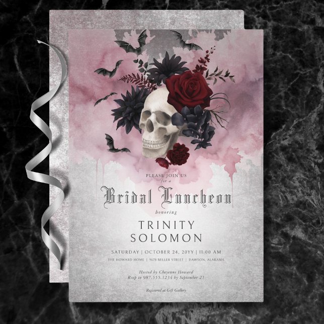 Gothic Black & Burgundy Skull & Fladdermus Möhippa Inbjudningar (Gothic Black & Burgundy Skull & Bats Bridal Lunch Invitation)