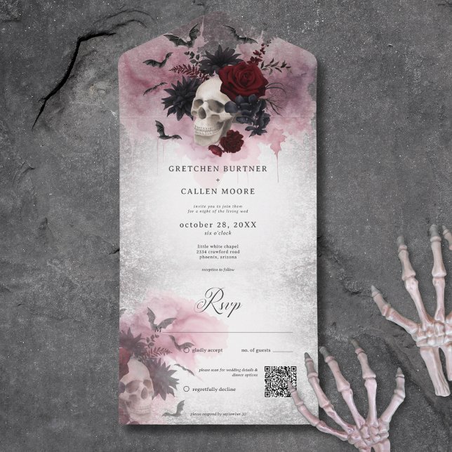 Gothic Black & Burgundy Skull & Fladdermus QR-kod (Gothic Black & Burgundy Skull & Bats QR Code All In One Invitation)