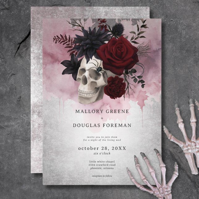 Gothic Black & Burgundy Skull & Spider Bröllop Inbjudningar (Gothic Black & Burgundy Skull & Spider Wedding Invitation)