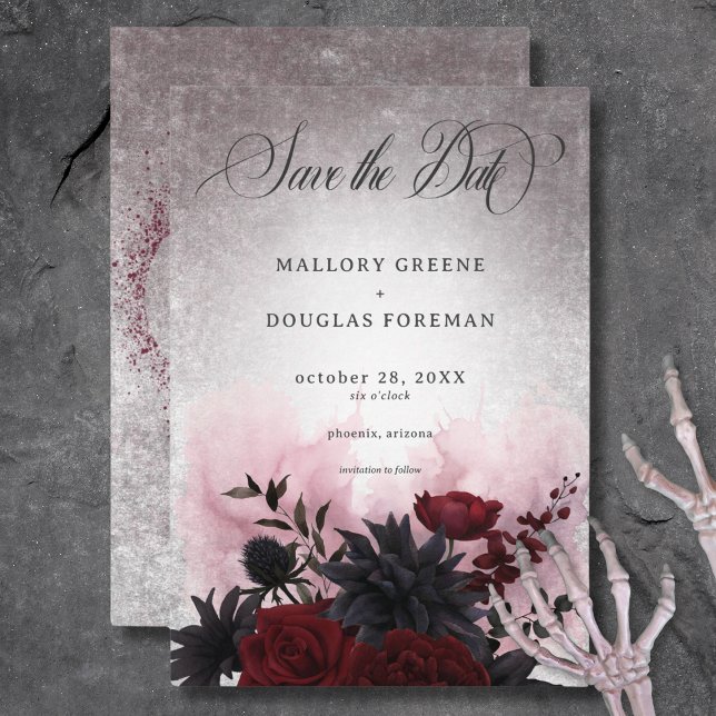 Gothic Black & Burgundy Skull & Spider Bröllop Spara Datumet (Gothic Black & Burgundy Skull & Spider Wedding Save The Date Card)
