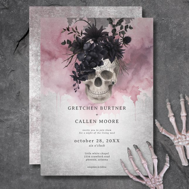 Gothic Black & Burgundy Skull Spider & Fladdermus  Inbjudningar (Gothic Black & Burgundy Skull Spider & Bat Wedding Invitation)