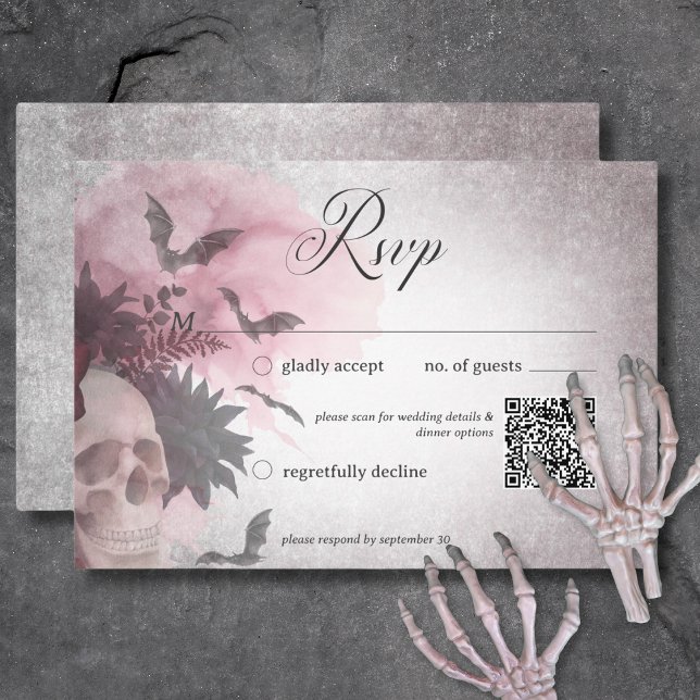 Gothic Black & Burgundy Skull & Spider QR-kod OSA Kort (Gothic Black & Burgundy Skull & Spider QR Code RSVP Card)