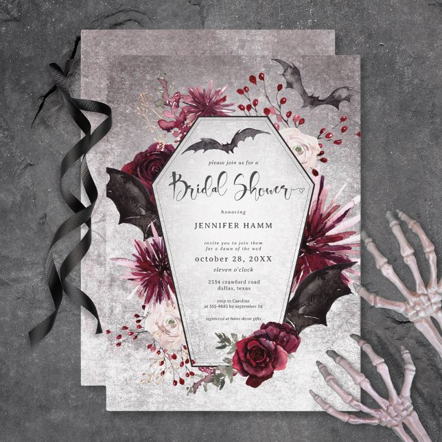 Gothic Black & Burgundy Spooky Möhippa Inbjudningar (Gothic Black & Burgundy Spooky Bridal Shower Invitation)