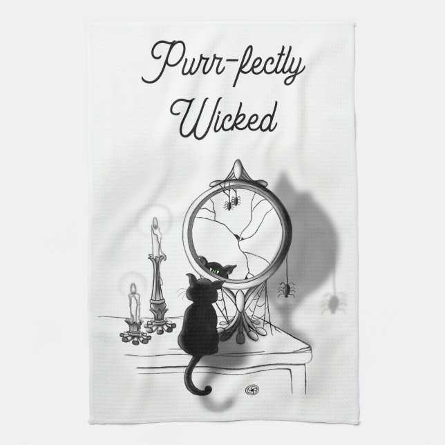 Gothic Black Cat Broken Spegel Halloween Kökshandduk (Vertikal)