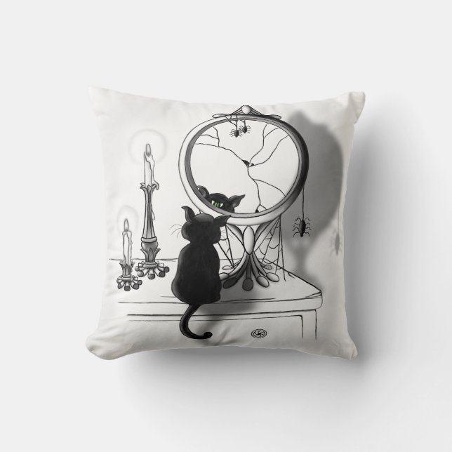 Gothic Black Cat Broken Spegel Halloween Kudde (Framsida)