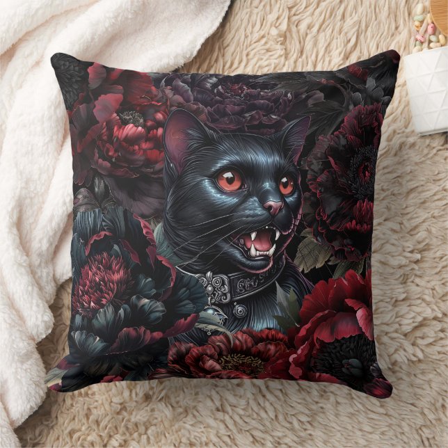 Gothic Black Cat & Dark Flowers Kudde (Filt)