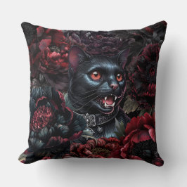 Gothic Black Cat & Dark Flowers Kudde