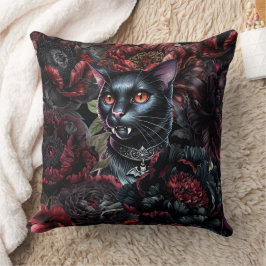 Gothic Black Cat & Dark Flowers Kudde