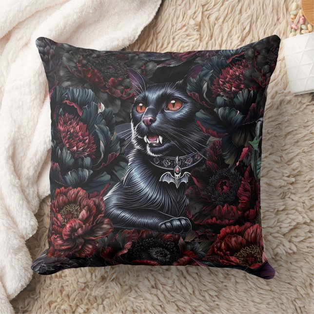 Gothic Black Cat & Dark Flowers Kudde (Filt)