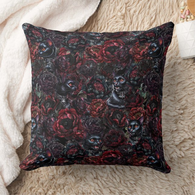 Gothic Black Cat & Dark Flowers Pattern Kudde (Filt)