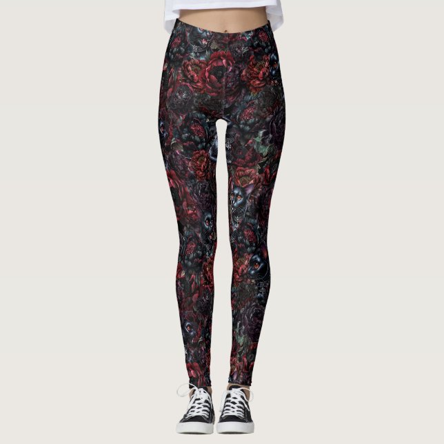 Gothic Black Cat & Dark Flowers Pattern Leggings (Framsida)
