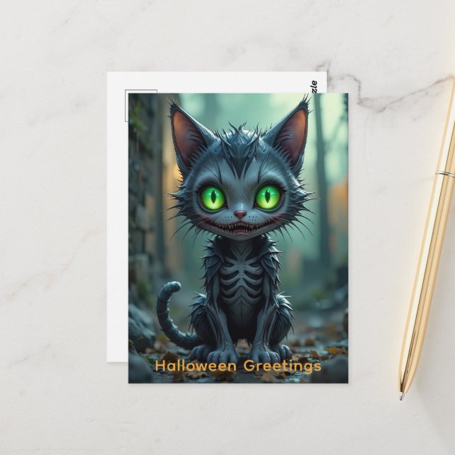 Gothic Black Cat Halloween Enchanted Forest Vibes Vykort (Fram/Back In Situ)