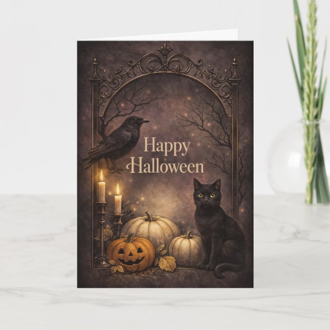 Gothic Black Cat Halloween Kort (Framsida)