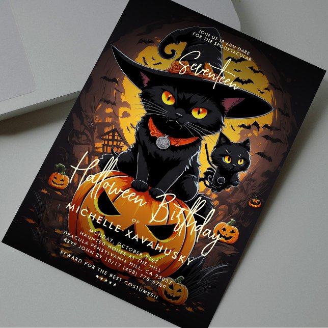 Gothic Black Cat Witch Halloween Födelsedagsfest Inbjudningar (Gothic Cute Cat Witch Halloween Birthday Party Invitation
)