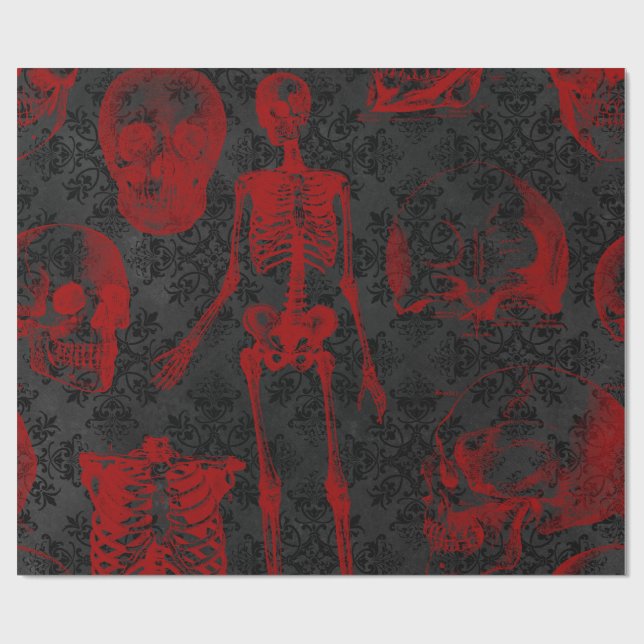 Gothic Black Damask Crimson skeletts Presentpapper (Platt)