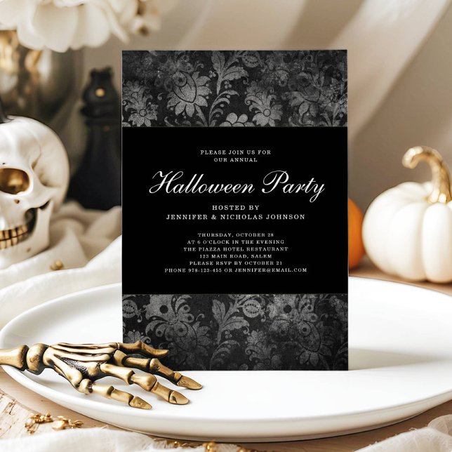 Gothic Black Damask Halloween fest-inbjudan Inbjudningar (Gothic Black Damask Halloween Party Invitation)