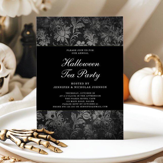 Gothic Black Damask Halloween Tekaffe  Inbjudningar (Gothic Black Damask Halloween Tea Party Invitation)