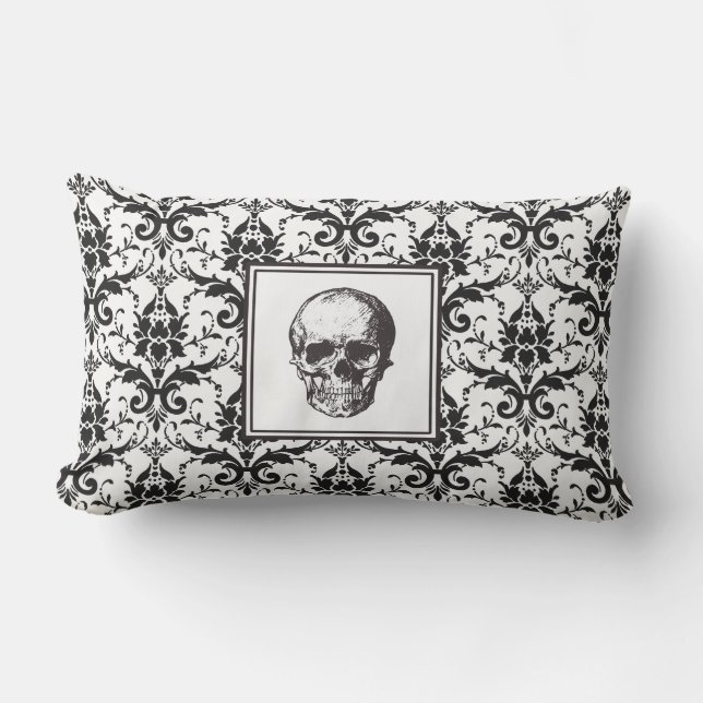 Gothic Black Damask Pattern Skull Halloween Utomhuskudde (Framsida)