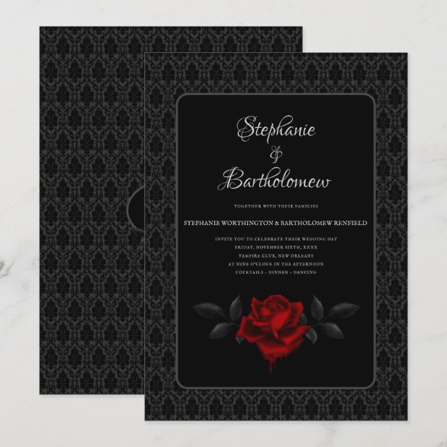 Gothic Black Damask Rose Wedding Inbjudningar (Fram/baksida)