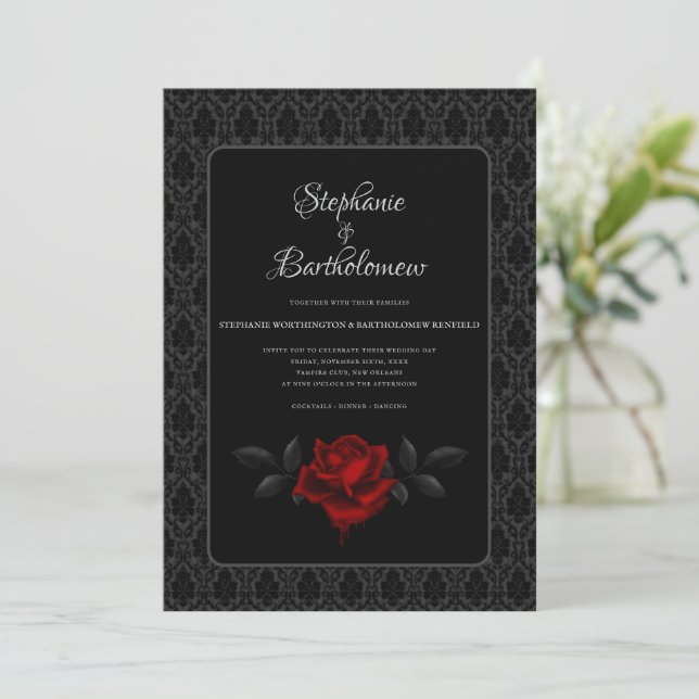 Gothic Black Damask Rose Wedding Inbjudningar (Stående Fram)