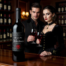 Gothic Black Damask Rose Wedding Vinflaska Etikett