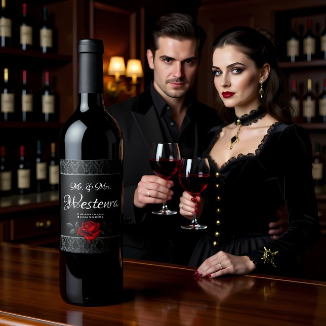 Gothic Black Damask Rose Wedding Vinflaska Etikett (Skapare uppladdad)