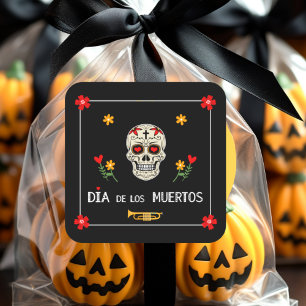 Gothic Black Dia de los Muertos Sugar Skull Flower Fyrkantigt Klistermärke