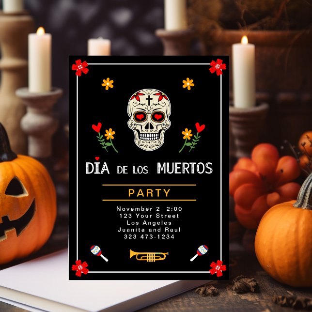 Gothic Black Dia de los Muertos Sugar Skull Flower Inbjudningar (Skapare uppladdad)