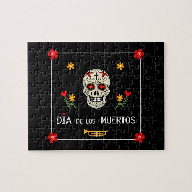 Gothic Black Dia de los Muertos Sugar Skull Flower Pussel (Horisontell)