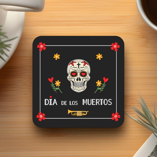Gothic Black Dia de los Muertos Sugar Skull Flower Underlägg Papper Kvadrat (Skapare uppladdad)