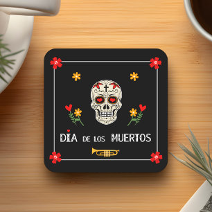 Gothic Black Dia de los Muertos Sugar Skull Flower Underlägg Papper Kvadrat