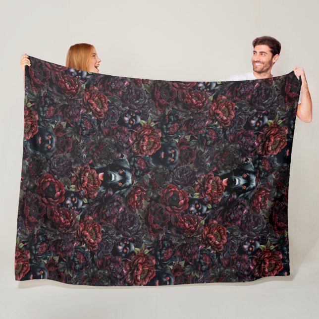 Gothic Black Dog & Dark Flowers-mönster Fleecefilt (På plats)