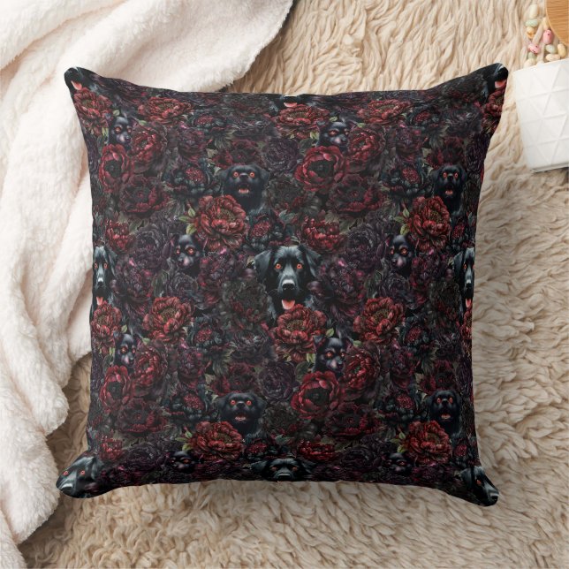 Gothic Black Dog & Dark Flowers-mönster Kudde (Filt)